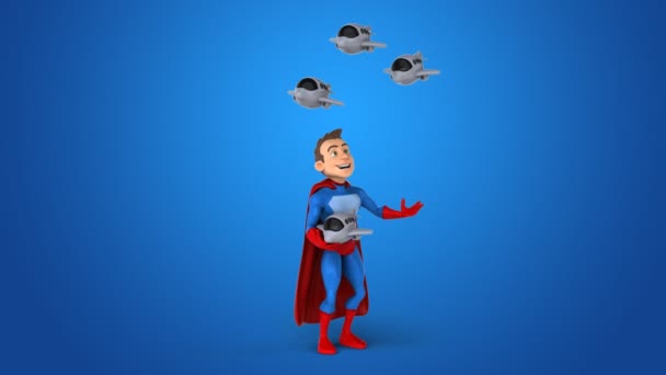Веселый супергерой жонглирует самолетами — стоковое видео