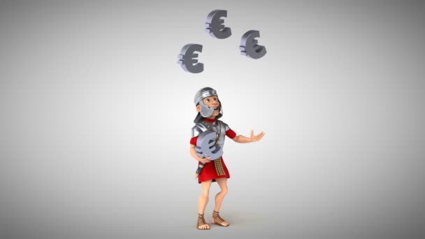 Римский солдат жонглирует знаками евро — стоковое видео