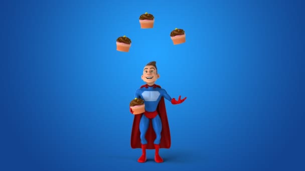 Divertido super-herói malabarismo com cupcakes — Vídeo de Stock