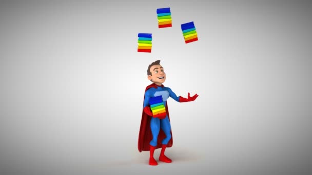 Веселый супергерой, жонглирующий книгами — стоковое видео