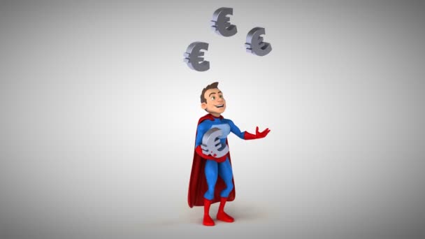 Super héroe haciendo malabares con signos del euro — Vídeo de stock