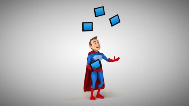Divertido super-herói malabarismo com tablets — Vídeo de Stock