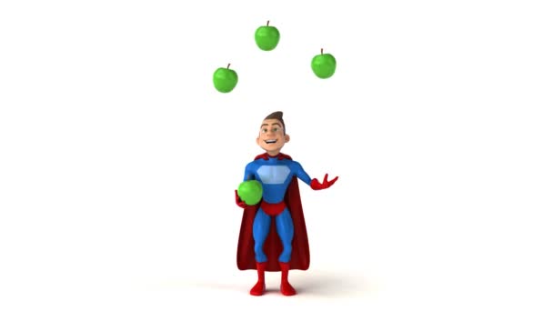 Divertido super-herói malabarismo com maçãs — Vídeo de Stock