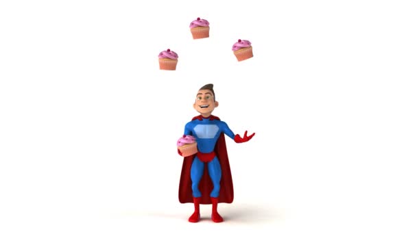 Super hero  juggling with cupcakes — Stock Video