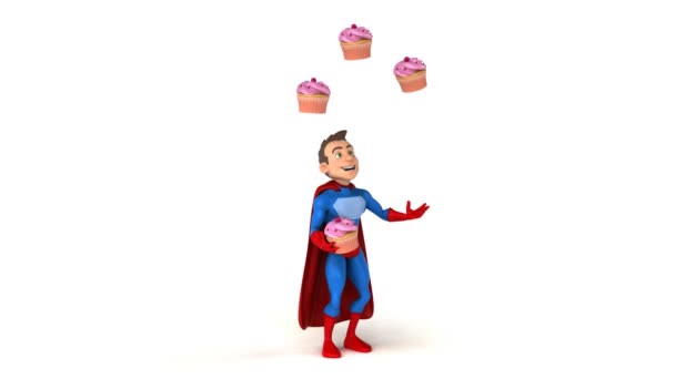 Super hero  juggling with cupcakes — Stock Video