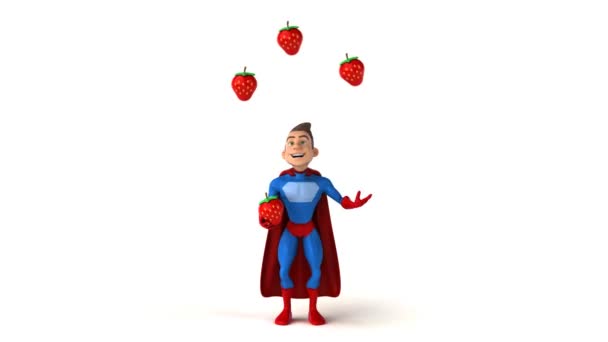 Zábava superhrdina žonglování s jahodami — Stock video