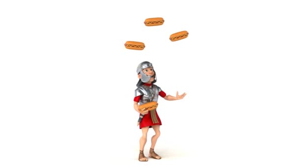 Roman soldier juggling with hotdogs — Stock Video