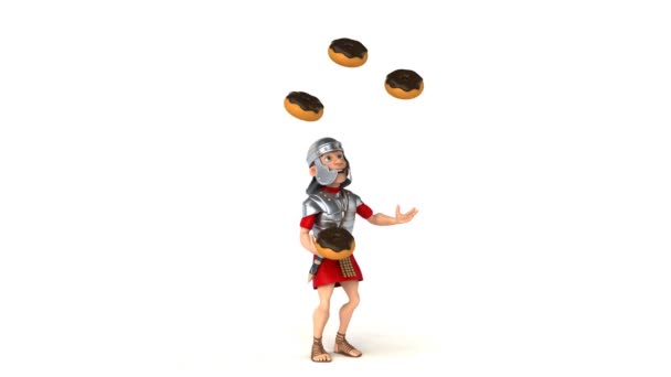 Římský voják, žonglování s koblihy — Stock video