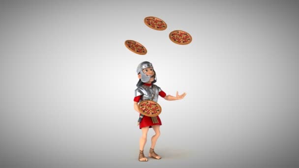 Roman soldier juggling with  pizzas — Stock Video