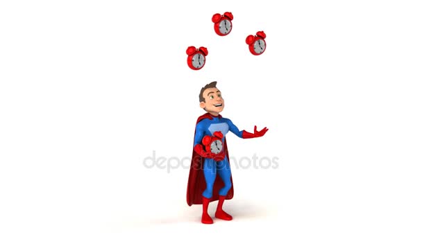 Супергерой жонглирует часами — стоковое видео