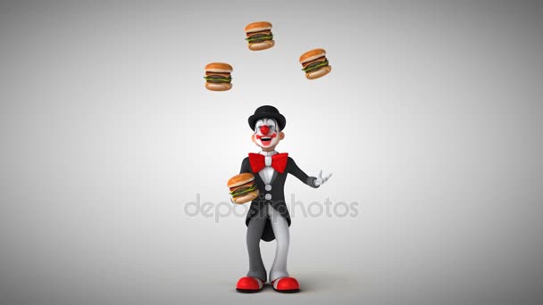 Clown jongleren met hamburgers — Stockvideo