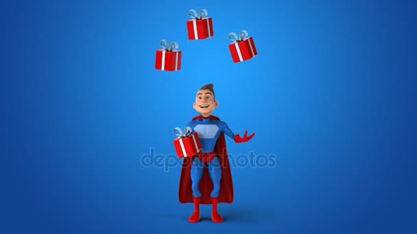 Супергерой жонглирует подарками — стоковое видео