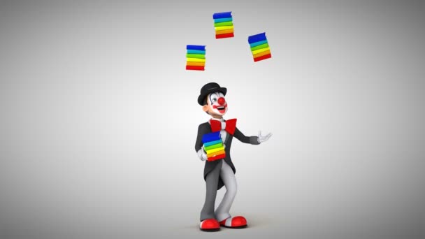 Клоун жонглирует книгами — стоковое видео