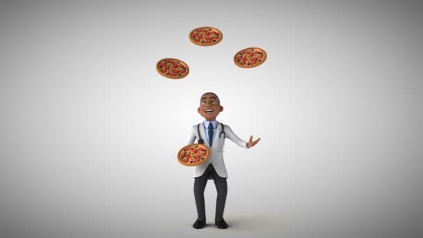 Arzt jongliert mit Pizzen — Stockvideo