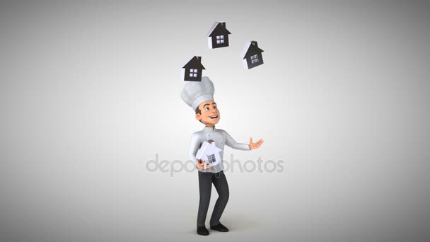 Chef character juggling with houses — Stock Video