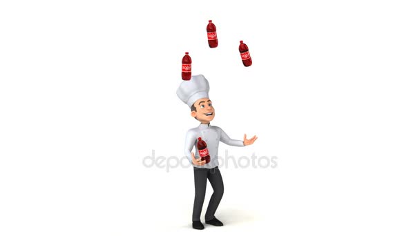 Chef-kok karakter jongleren met soda — Stockvideo