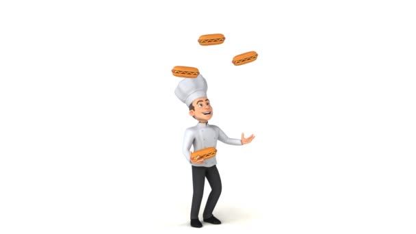 Персонаж шеф-повара жонглирует хот-догами — стоковое видео