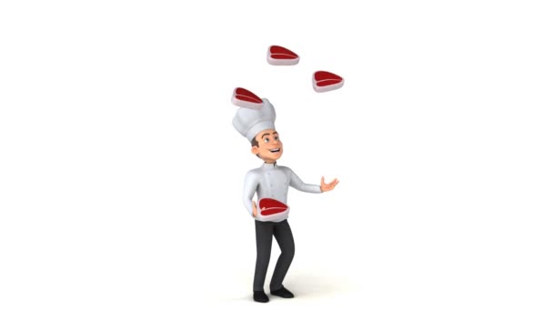 Chef-kok karakter jongleren met vlees — Stockvideo