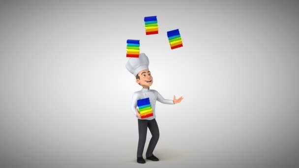 Персонаж шеф-повара жонглирует книгами — стоковое видео