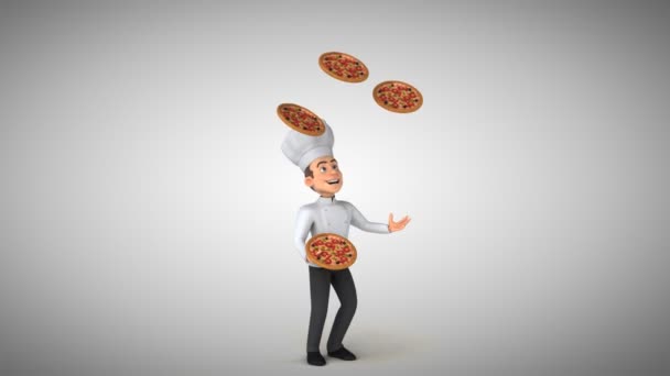 Chef-kok karakter jongleren met pizza 's — Stockvideo