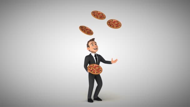 Zakenman jongleren met pizza 's — Stockvideo