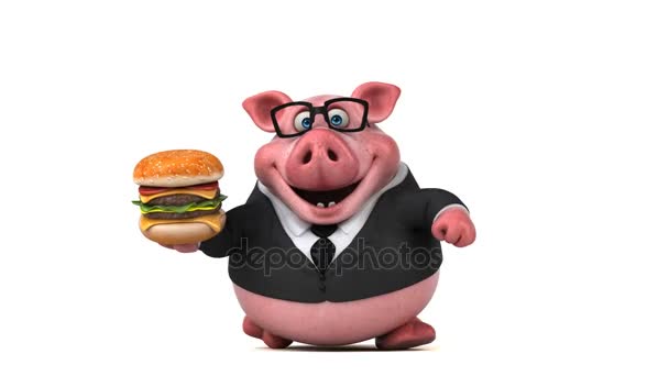 Carácter de cerdo con hamburguesa — Vídeos de Stock