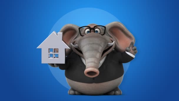 Elefante personaje de dibujos animados con casa — Vídeos de Stock