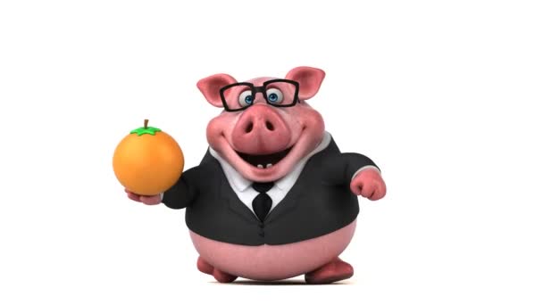 Χαρακτήρας κινουμένων σχεδίων χοιρινό με πορτοκάλι — Αρχείο Βίντεο