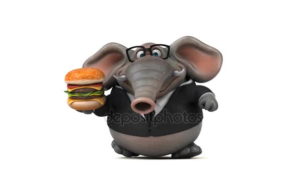 Elefante personaje de dibujos animados con hamburguesa — Vídeos de Stock