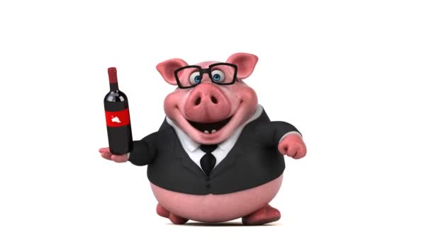 Personagem de desenho animado porco com vinho — Vídeo de Stock