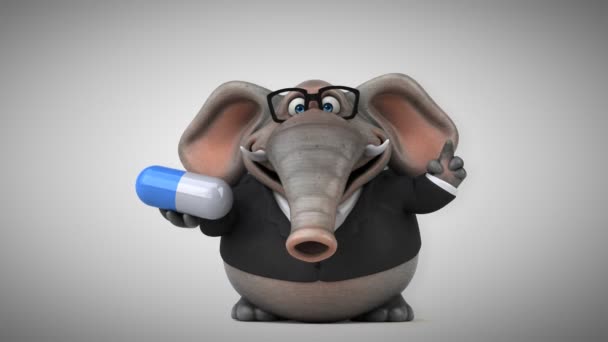 Elefante personaje de dibujos animados con píldora — Vídeos de Stock