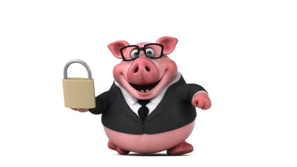 Personaje de dibujos animados de cerdo con candado — Vídeos de Stock