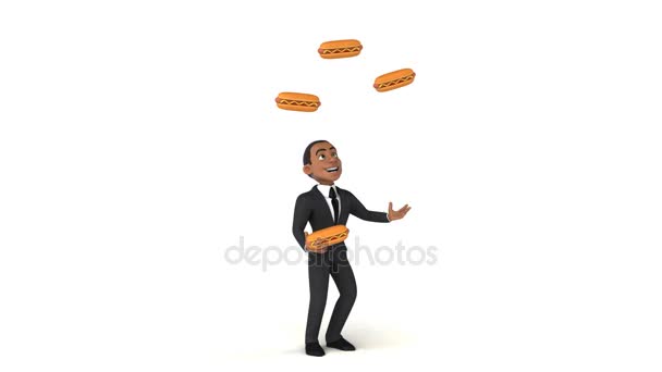 Business man juggling with hotdogs — стоковое видео