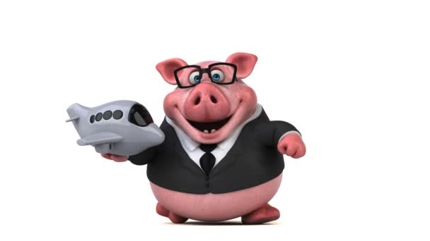 Cerdo personaje de dibujos animados con avión — Vídeo de stock