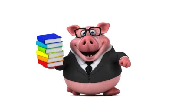 Персонаж свинячого мультфільму з книгами — стокове відео
