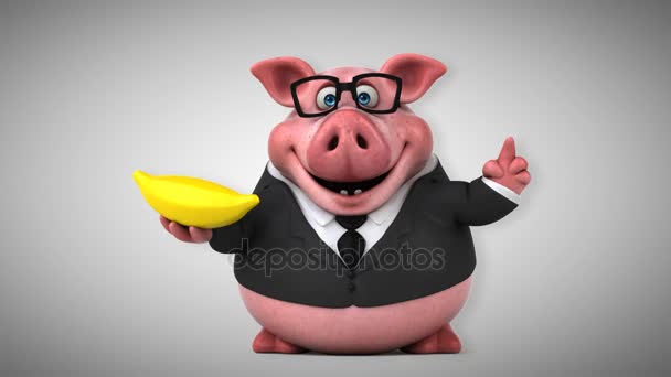 Personagem porco com banana — Vídeo de Stock