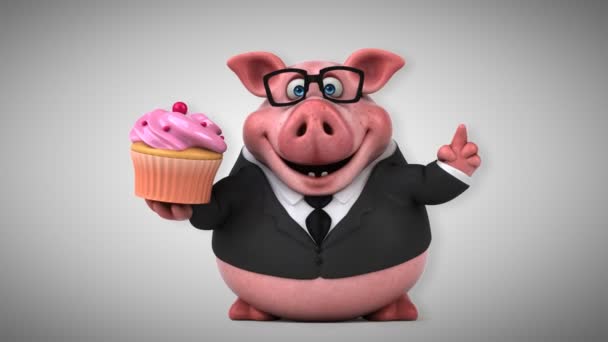 Pig  cartoon character with cupcake — Stock Video