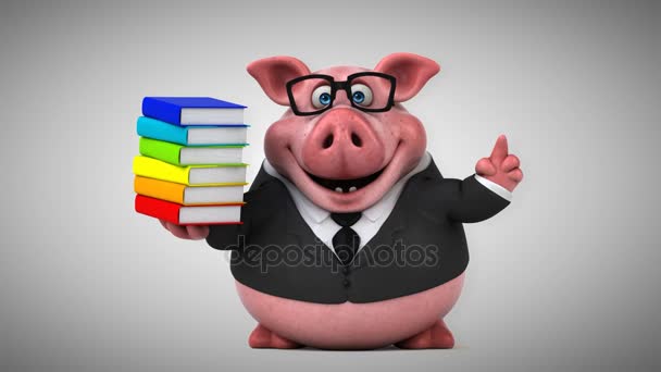 Cerdo personaje de dibujos animados con libros — Vídeos de Stock