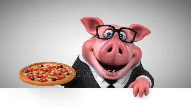 Персонаж свиньи с пиццей — стоковое видео