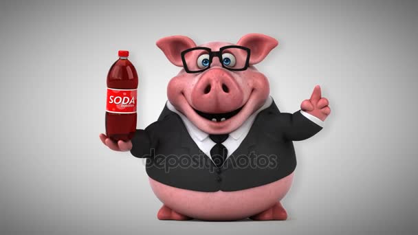 Personaje de dibujos animados de cerdo con soda — Vídeos de Stock