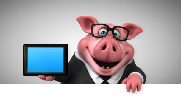 Pig cartoon characterwith tablet — Stock video