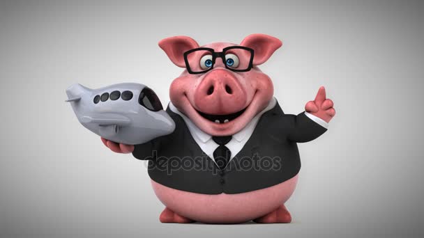 Cerdo personaje de dibujos animados con avión — Vídeos de Stock