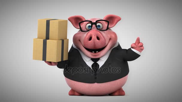 Персонаж свиньи с коробками — стоковое видео