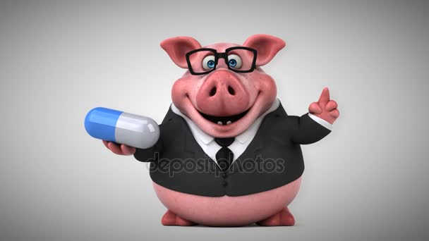 Pig cartoon character with pill — Stock Video