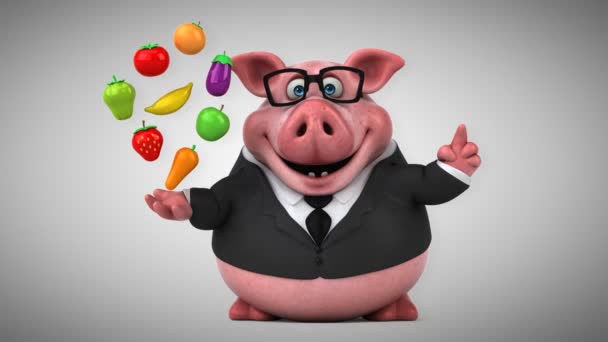 Carácter de cerdo con frutas y verduras — Vídeos de Stock