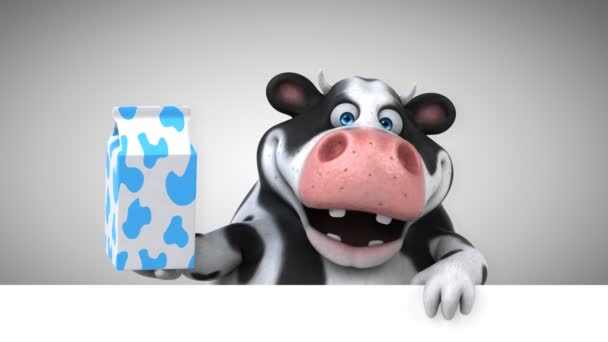 Zeichentrickfigur Spaß Kuh Hält Milchbox Und Karte Animation — Stockvideo