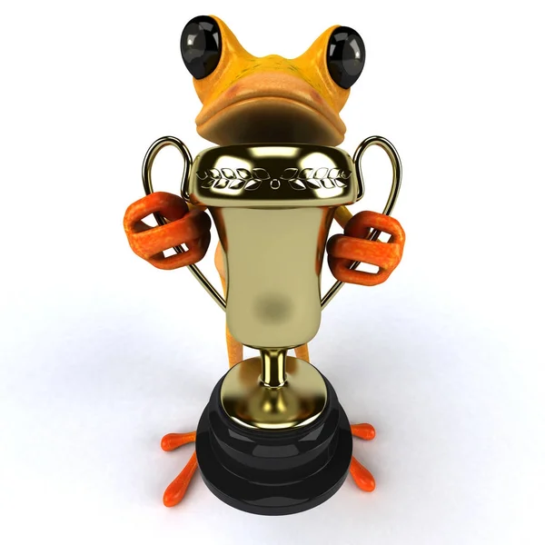 有趣的青蛙卡通人物与奖杯 — 图库照片