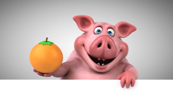 Смешная Свинья Держит Оранжевый Анимация — стоковое видео