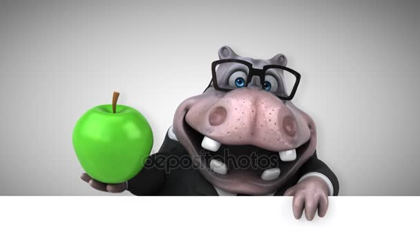 Hippo Fun Cartoon Character Apple Animation — Stock Video