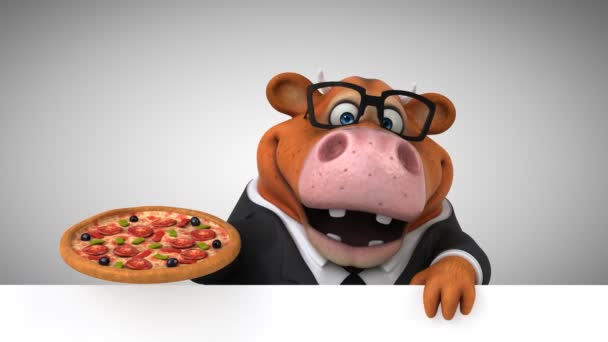 Tehén Rajzfilmfigura Pizza Animáció — Stock videók